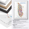 Framed colorful map of Manhattan with frame design and materials information.