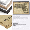 Massachusetts Antique illustrated state map poster with black, natural and white hardwood frames and close-up material details.