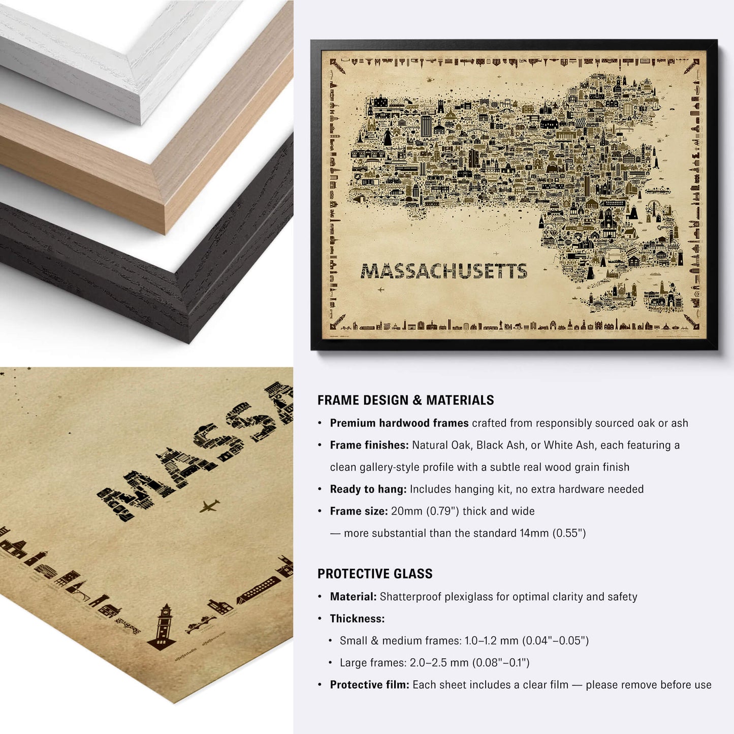 Massachusetts Antique illustrated state map poster with black, natural and white hardwood frames and close-up material details.