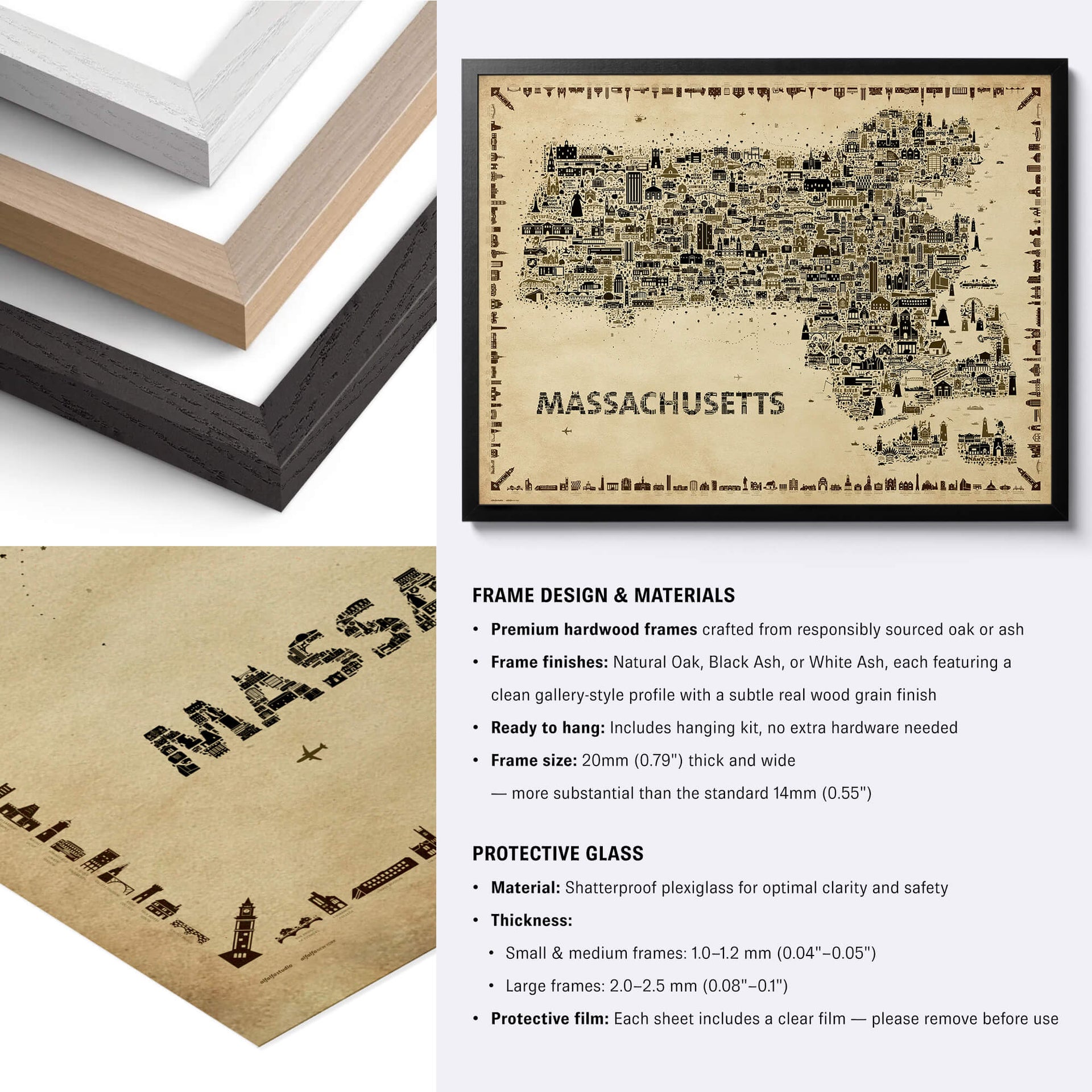 Massachusetts Antique illustrated state map poster with black, natural and white hardwood frames and close-up material details.