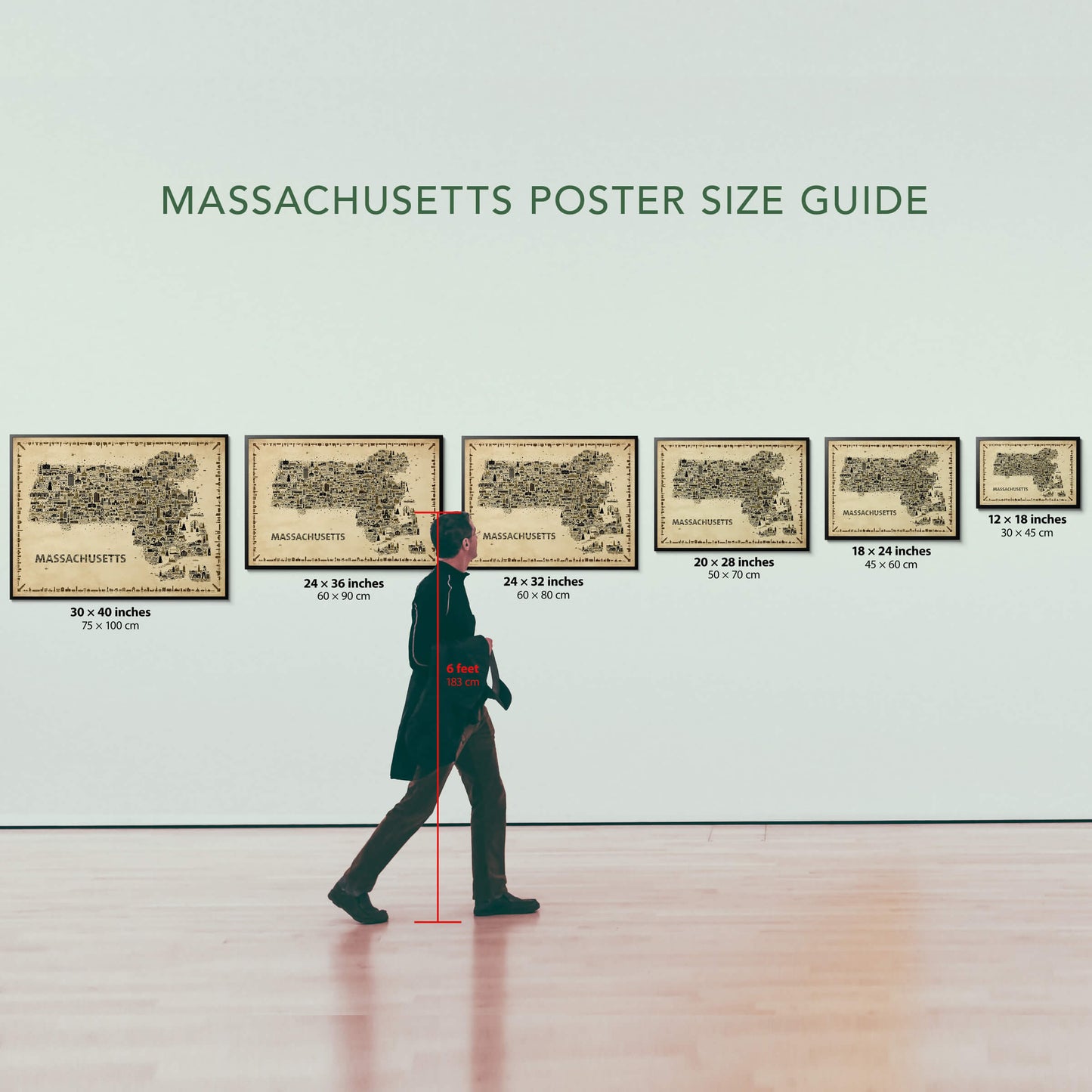 Massachusetts antique map poster size guide with framed prints and 6 foot person for scale wall art dimensions Bay State