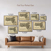 Massachusetts Antique map poster size guide showing seven framed sizes from 12 x 18 to 30 x 40 inches above a leather sofa.
