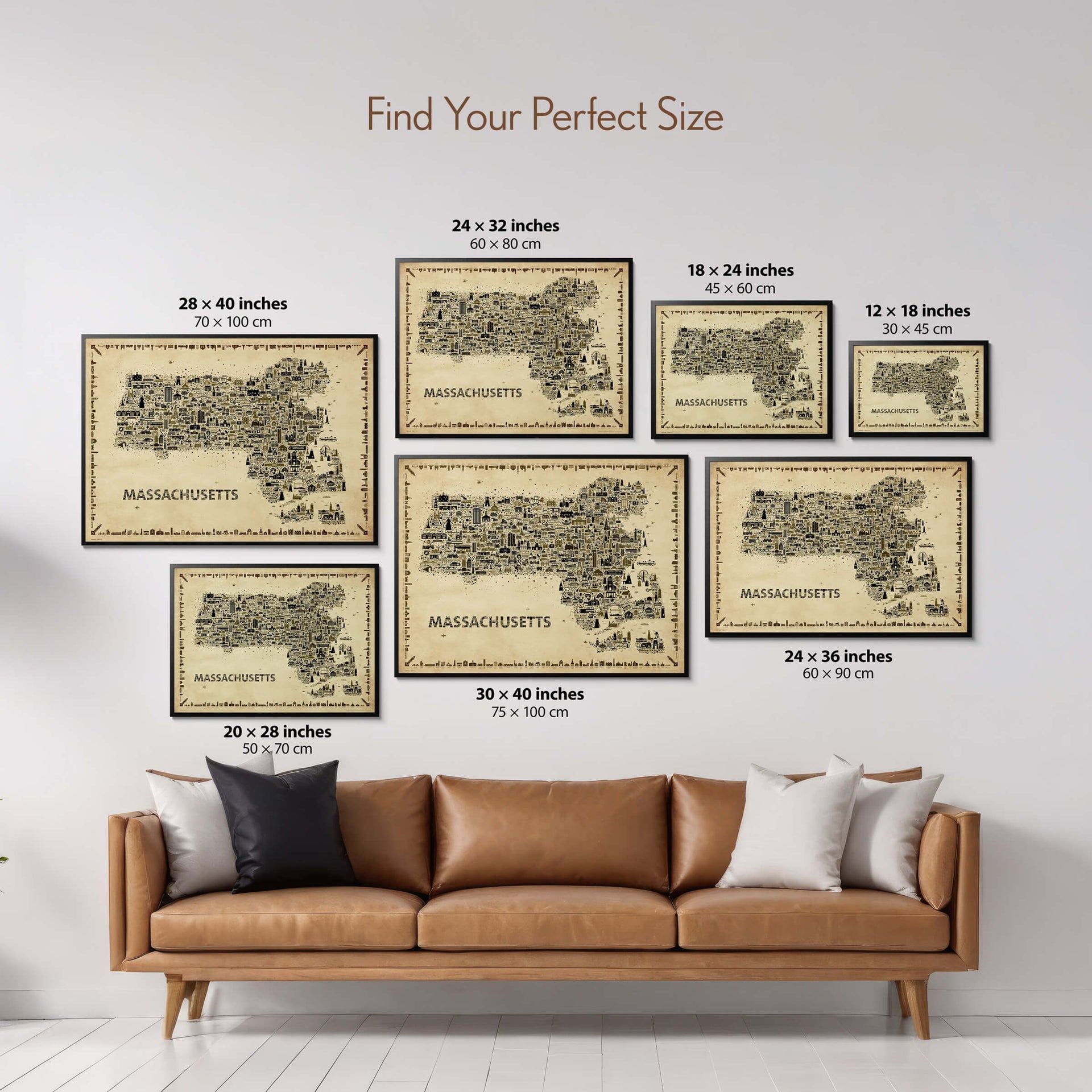 Massachusetts Antique map poster size guide showing seven framed sizes from 12 x 18 to 30 x 40 inches above a leather sofa.