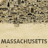Massachusetts antique map poster detail showing typography made of icons creative lettering Bay State wall art print