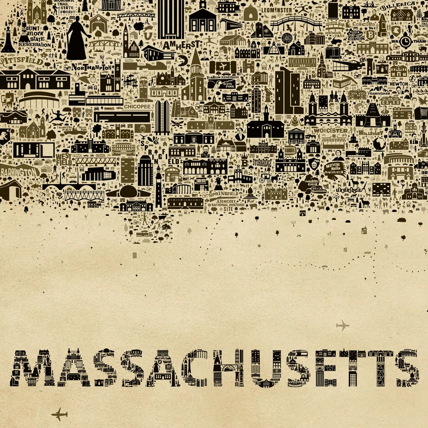 Massachusetts antique map poster detail showing typography made of icons creative lettering Bay State wall art print
