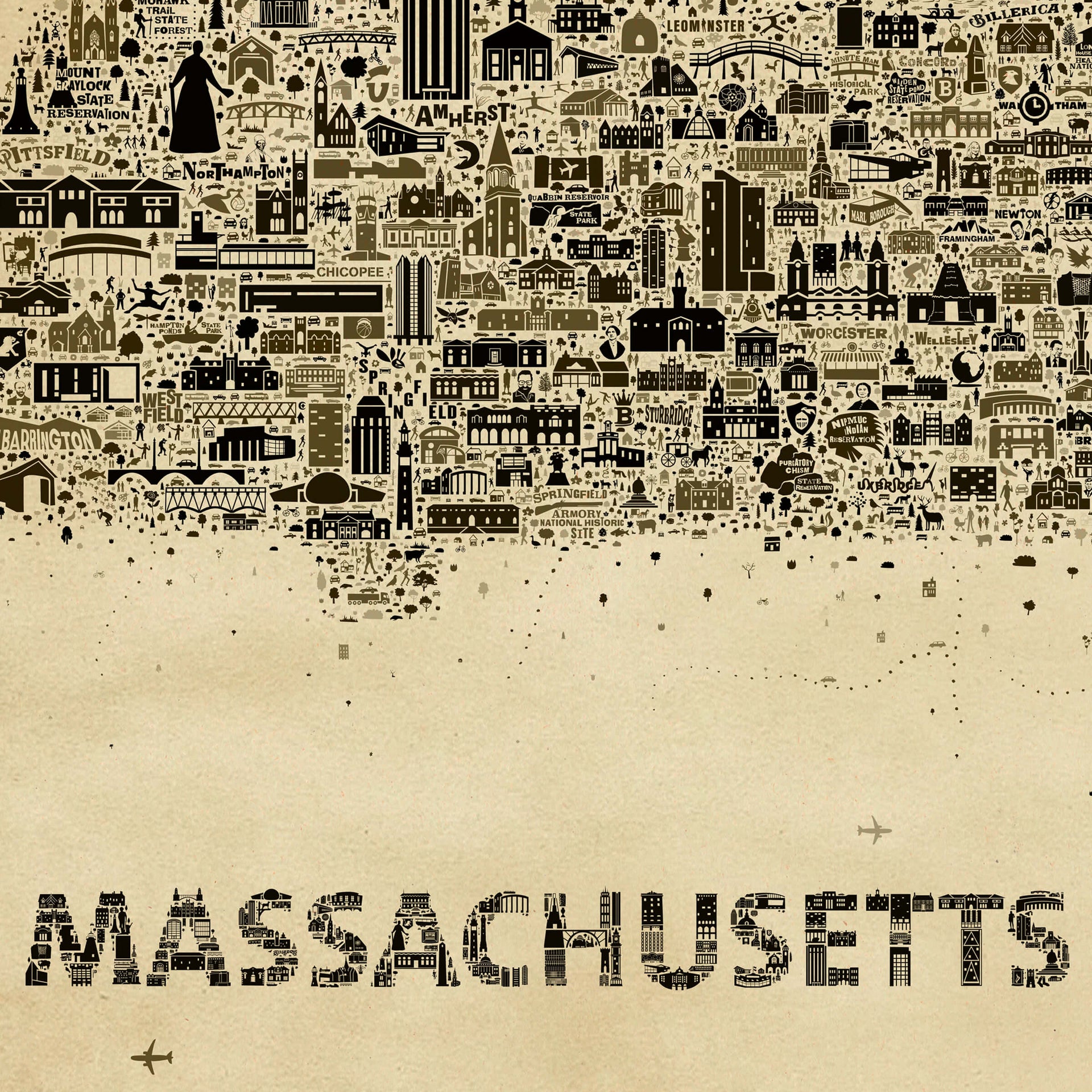 Massachusetts antique map poster detail showing typography made of icons creative lettering Bay State wall art print
