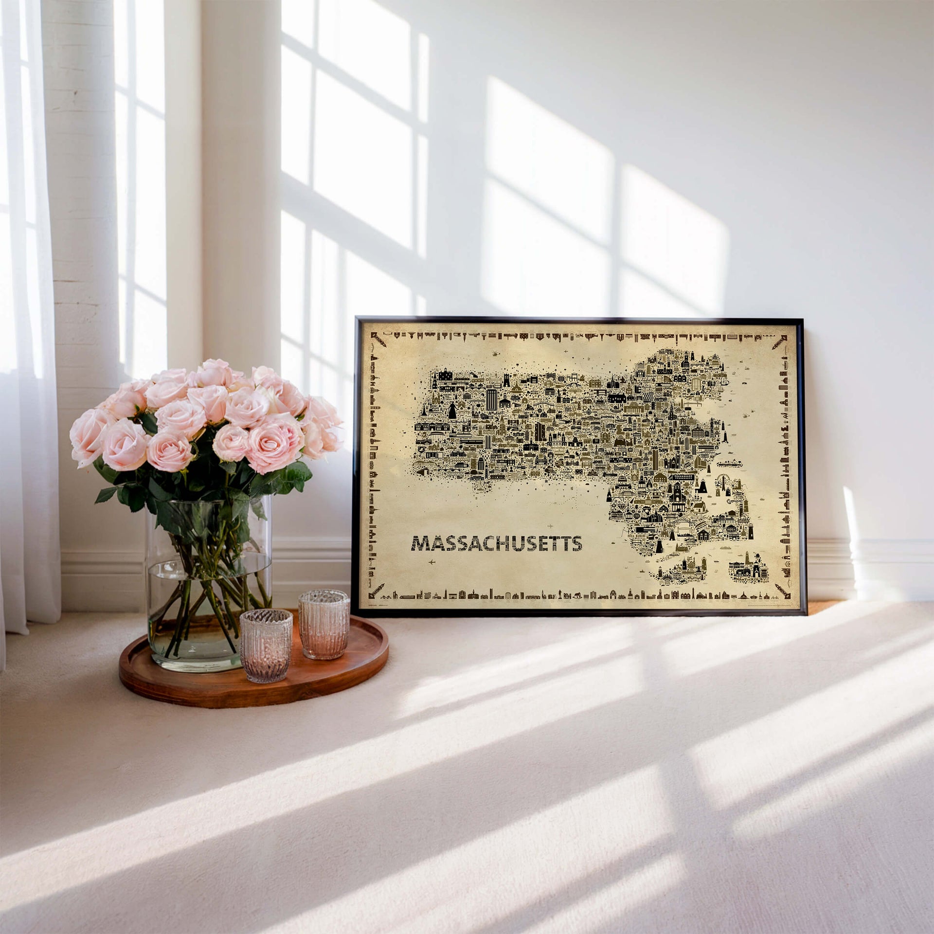 Massachusetts antique map poster leaning with roses and window light soft home decor Bay State wall art print
