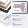 Colorful Massachusetts illustrated map poster with natural, black and white hardwood frame choices and close-up print specifications.