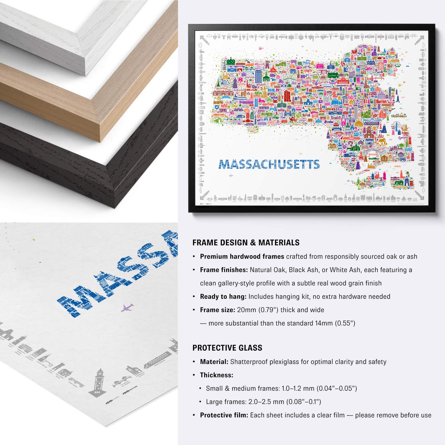 Colorful Massachusetts illustrated map poster with natural, black and white hardwood frame choices and close-up print specifications.