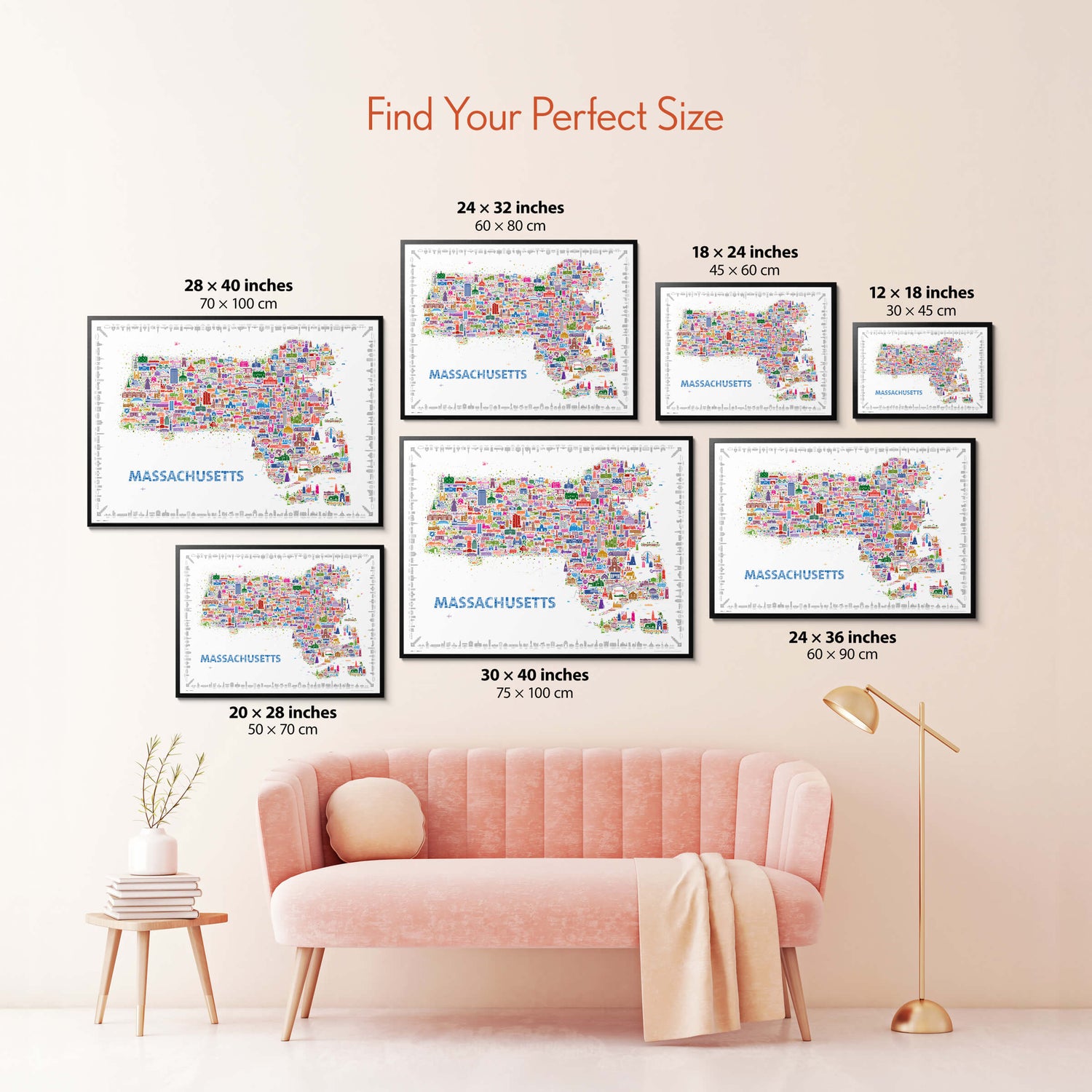 Colorful Massachusetts illustrated map poster size guide displaying seven framed print sizes above a blush pink sofa.