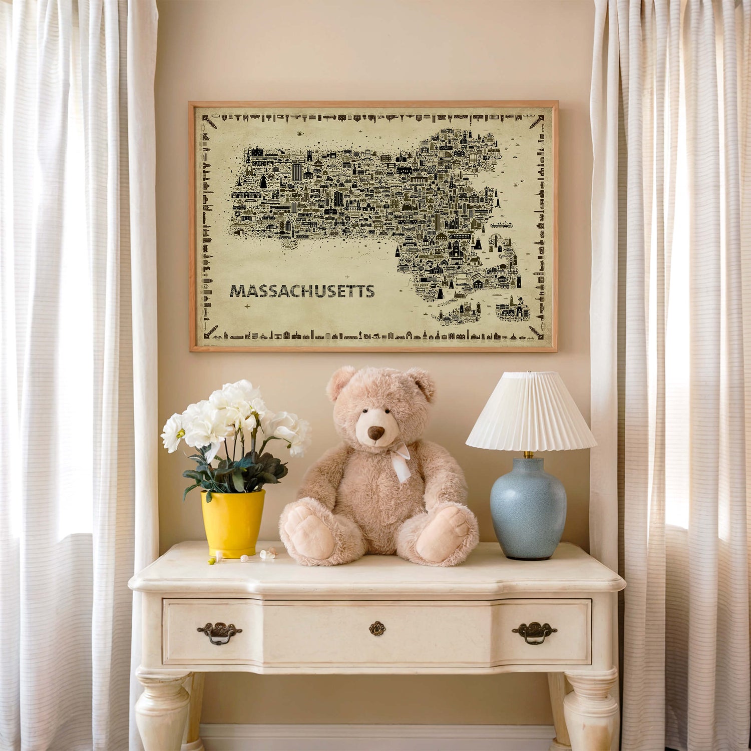 Massachusetts map poster antique wall art in kids room with teddy bear and soft decor Bay State playful artwork
