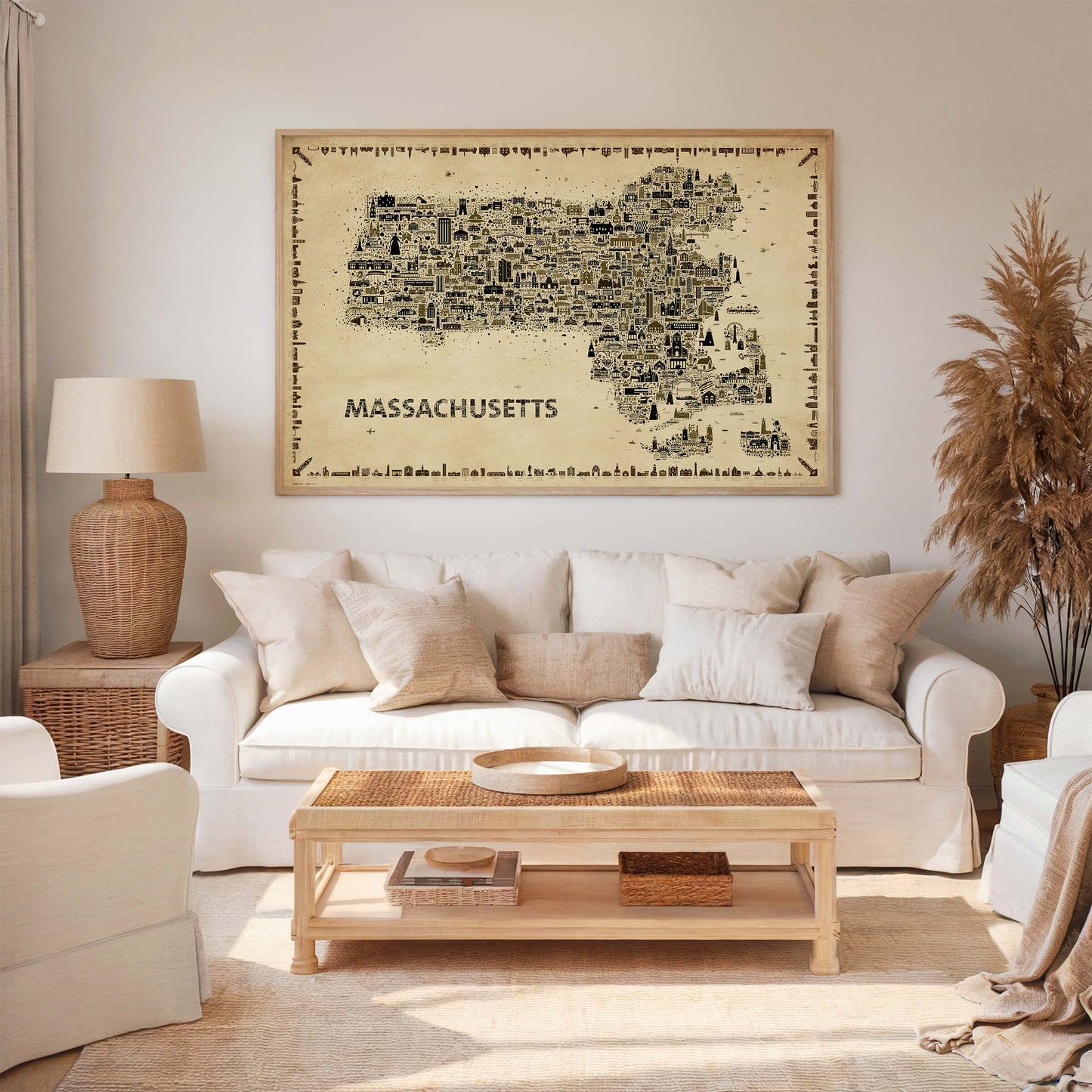 Massachusetts antique map poster wall art above neutral sofa warm living room decor Bay State travel artwork print