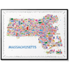 Colorful illustrated Massachusetts map poster in a black frame featuring hundreds of icons representing Boston, Cape Cod, and landmarks across New England. A detailed travel-inspired wall art print.
