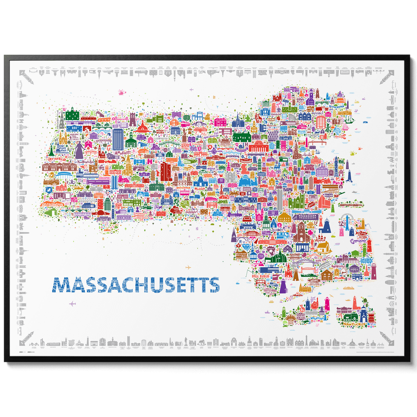 Colorful illustrated Massachusetts map poster in a black frame featuring hundreds of icons representing Boston, Cape Cod, and landmarks across New England. A detailed travel-inspired wall art print.