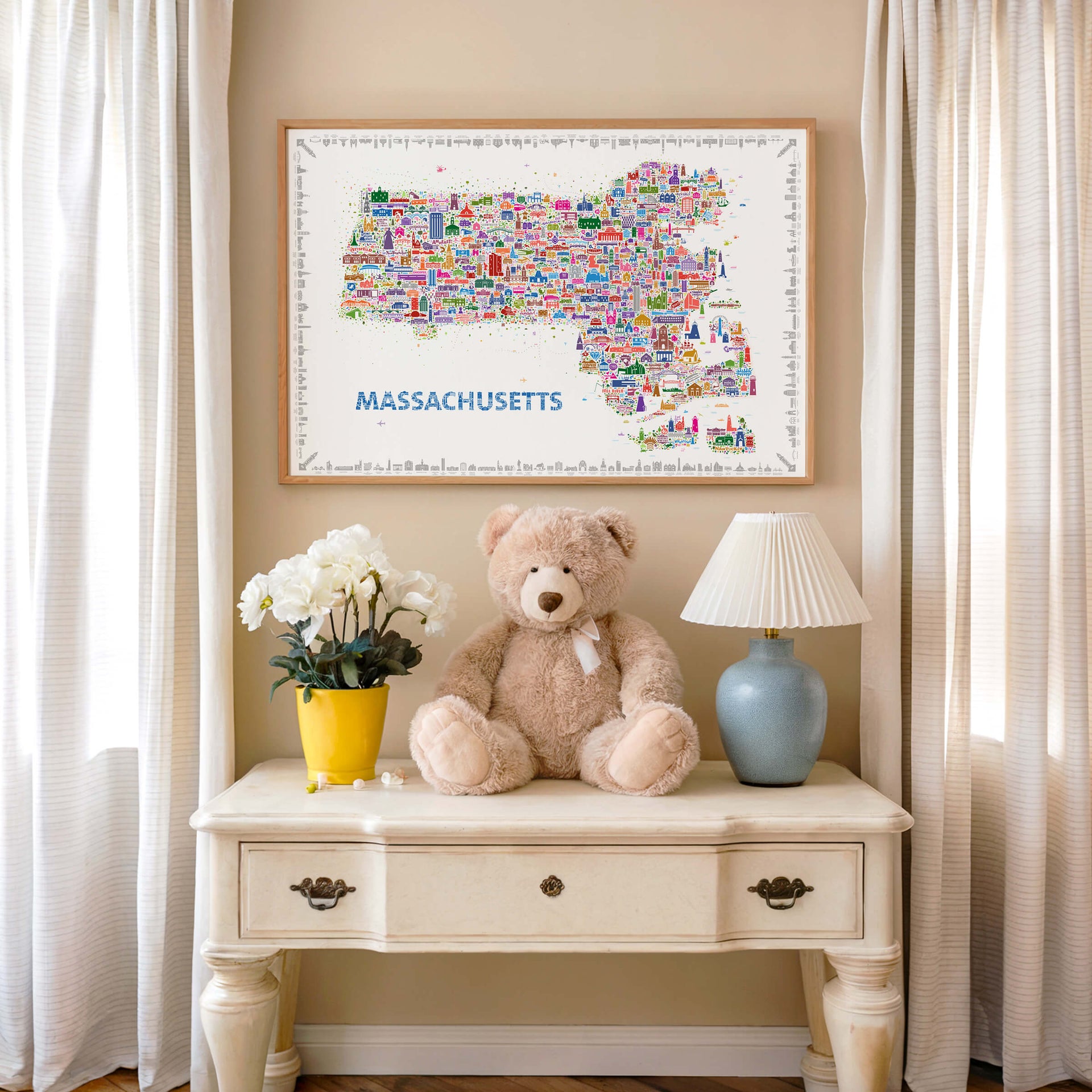Colorful illustrated Massachusetts map poster styled as playful wall art in a children's room. A modern travel map artwork featuring Boston and New England landmarks, perfect as creative décor and educational art print.