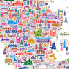 Close-up detail of the colorful Massachusetts map poster showing illustrated icons from Boston, Cambridge, Provincetown, and Cape Cod. The artwork reveals hundreds of landmarks, buildings, and cultural references across the Bay State.