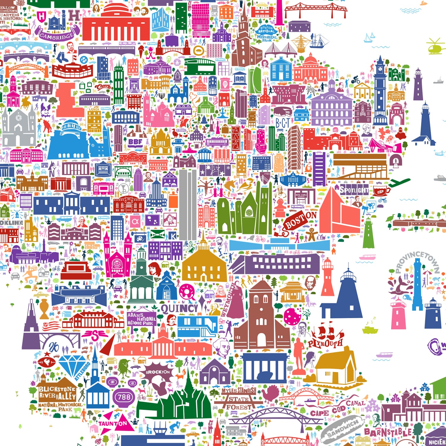 Close-up detail of the colorful Massachusetts map poster showing illustrated icons from Boston, Cambridge, Provincetown, and Cape Cod. The artwork reveals hundreds of landmarks, buildings, and cultural references across the Bay State.