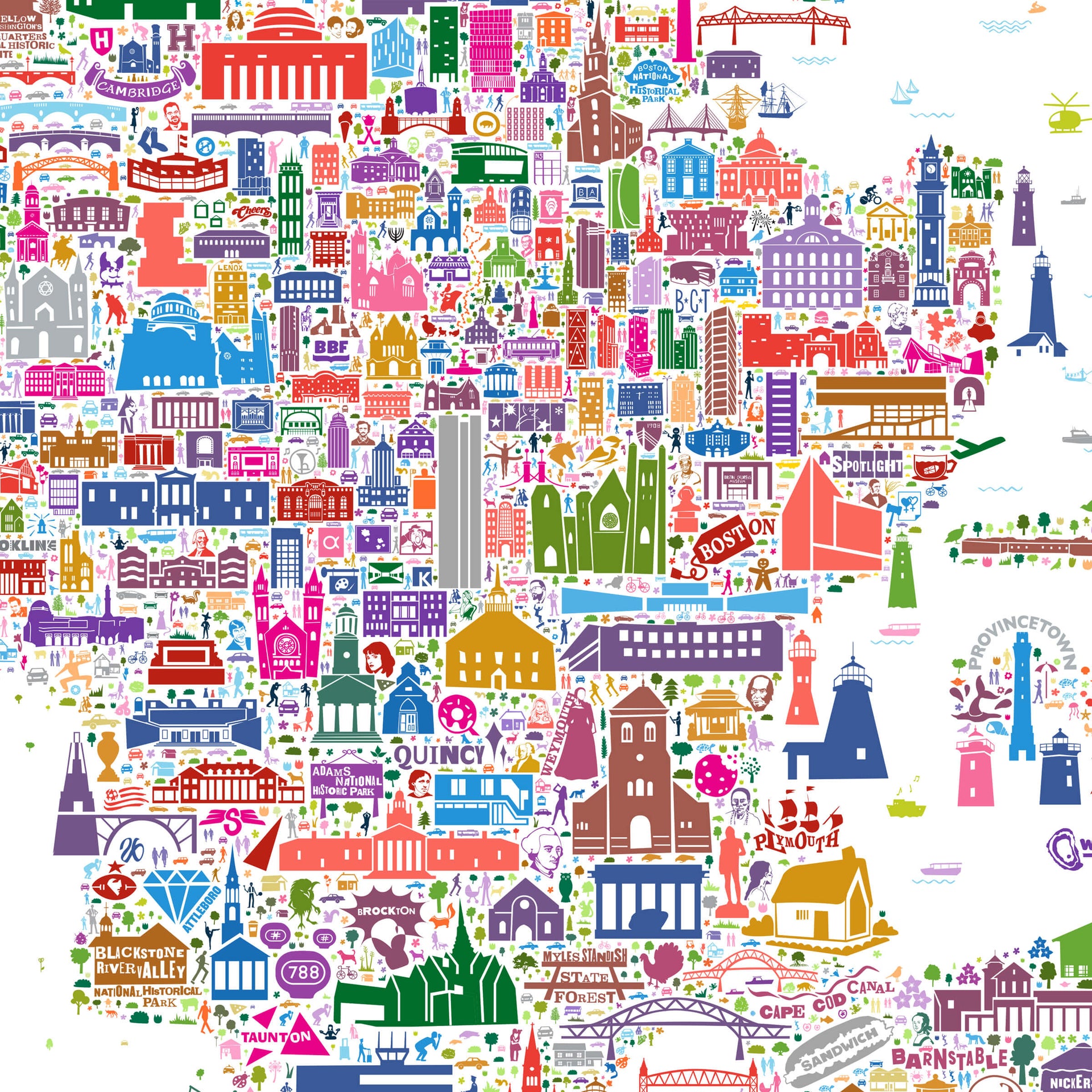 Close-up detail of the colorful Massachusetts map poster showing illustrated icons from Boston, Cambridge, Provincetown, and Cape Cod. The artwork reveals hundreds of landmarks, buildings, and cultural references across the Bay State.