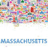 Detail of the Massachusetts map poster showing the word MASSACHUSETTS formed from dozens of tiny illustrated icons. Each letter is carefully composed of landmarks, buildings, and cultural symbols from across the state.