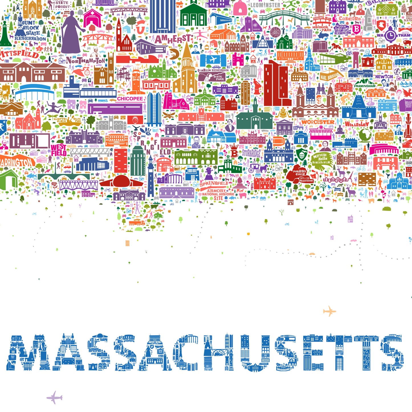 Detail of the Massachusetts map poster showing the word MASSACHUSETTS formed from dozens of tiny illustrated icons. Each letter is carefully composed of landmarks, buildings, and cultural symbols from across the state.