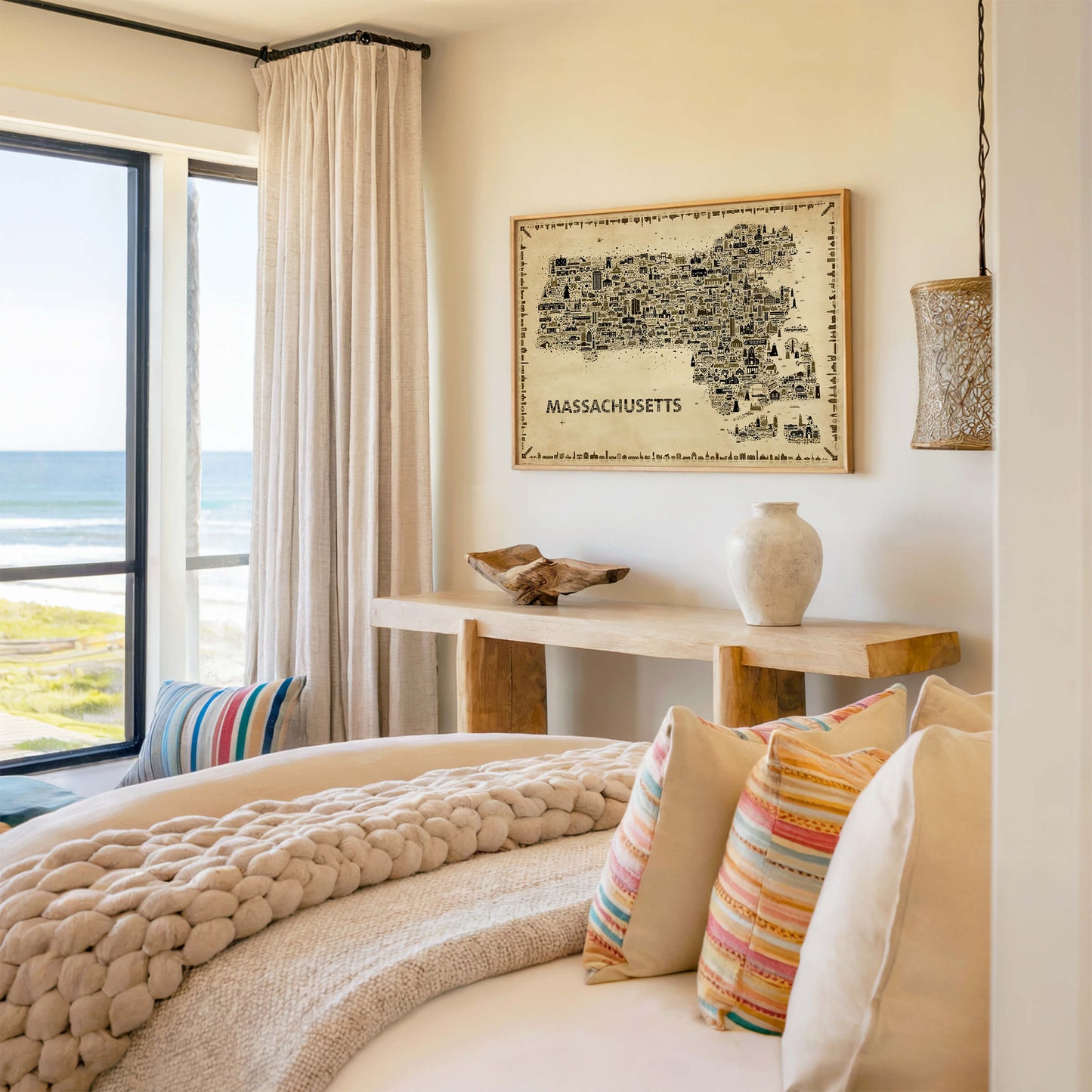 Massachusetts map wall art antique poster above bed coastal bedroom decor neutral tones Bay State travel print