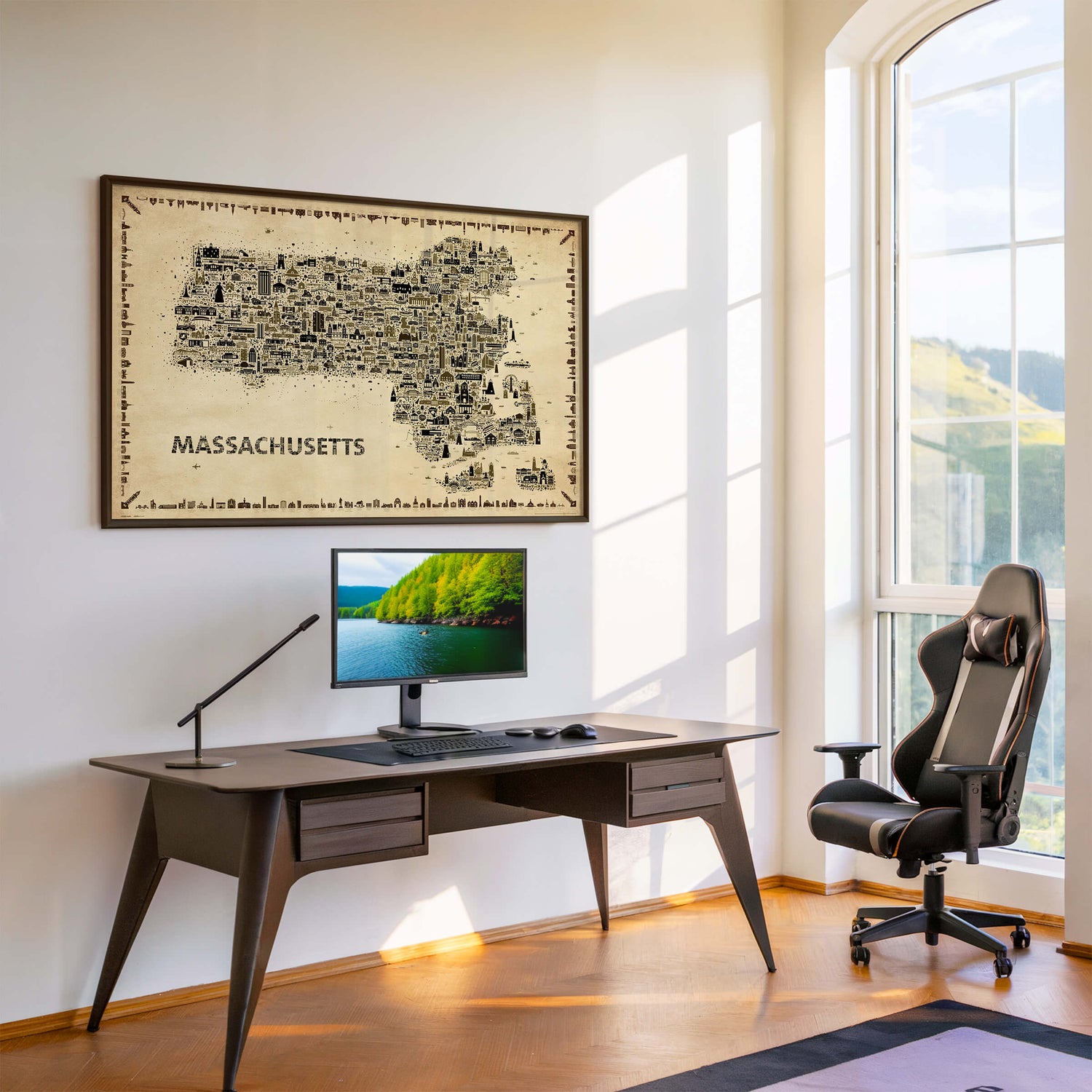 Massachusetts map wall art antique poster in modern home office workspace desk setup Bay State design print