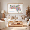 Colorful Massachusetts illustrated map poster styled as contemporary living room wall art above a sofa. A vibrant travel map artwork featuring Boston, Cape Cod, and New England landmarks, designed as modern decorative home décor.