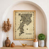 Mumbai antique map poster framed inside arched wall niche with sculptural decor elements