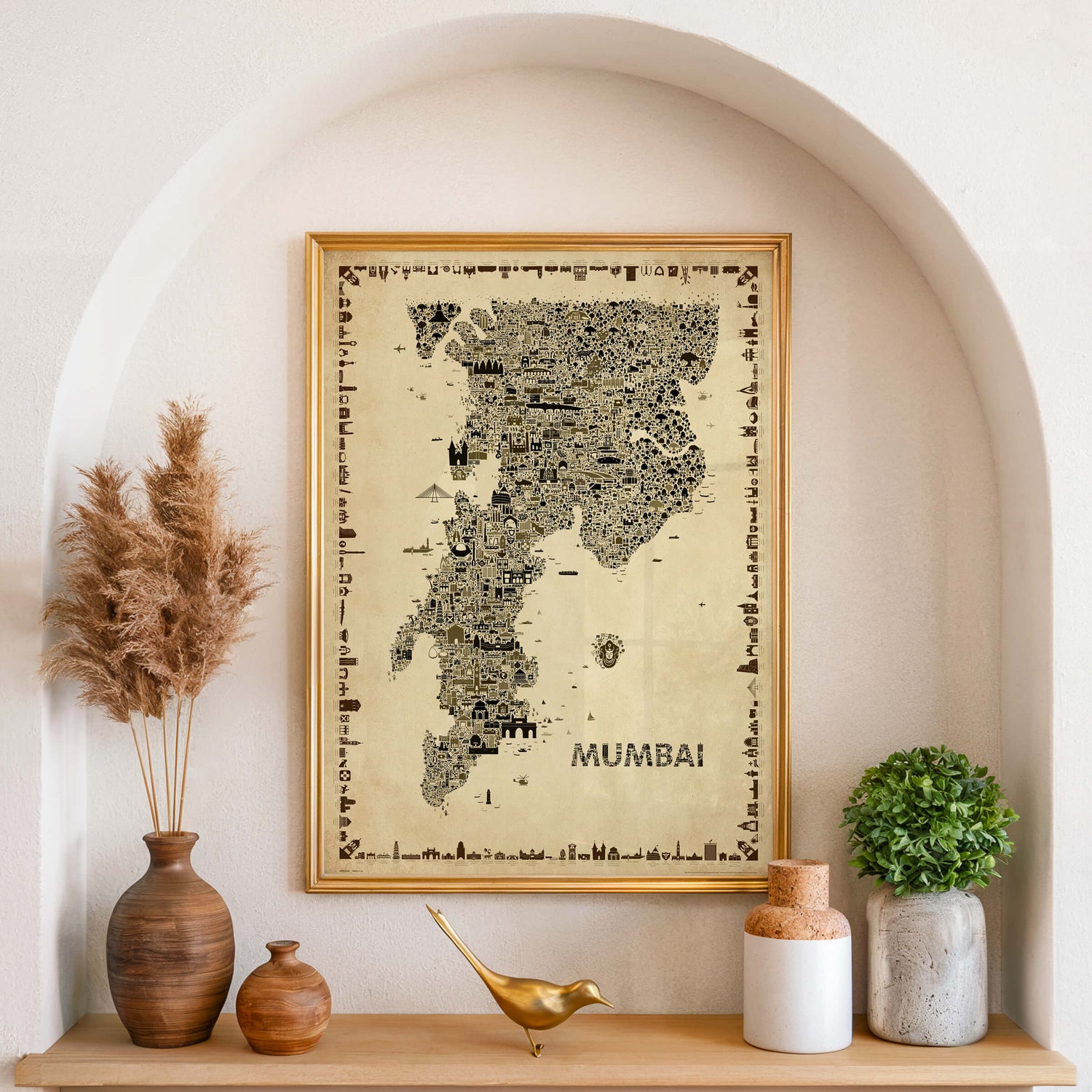 Mumbai antique map poster framed inside arched wall niche with sculptural decor elements