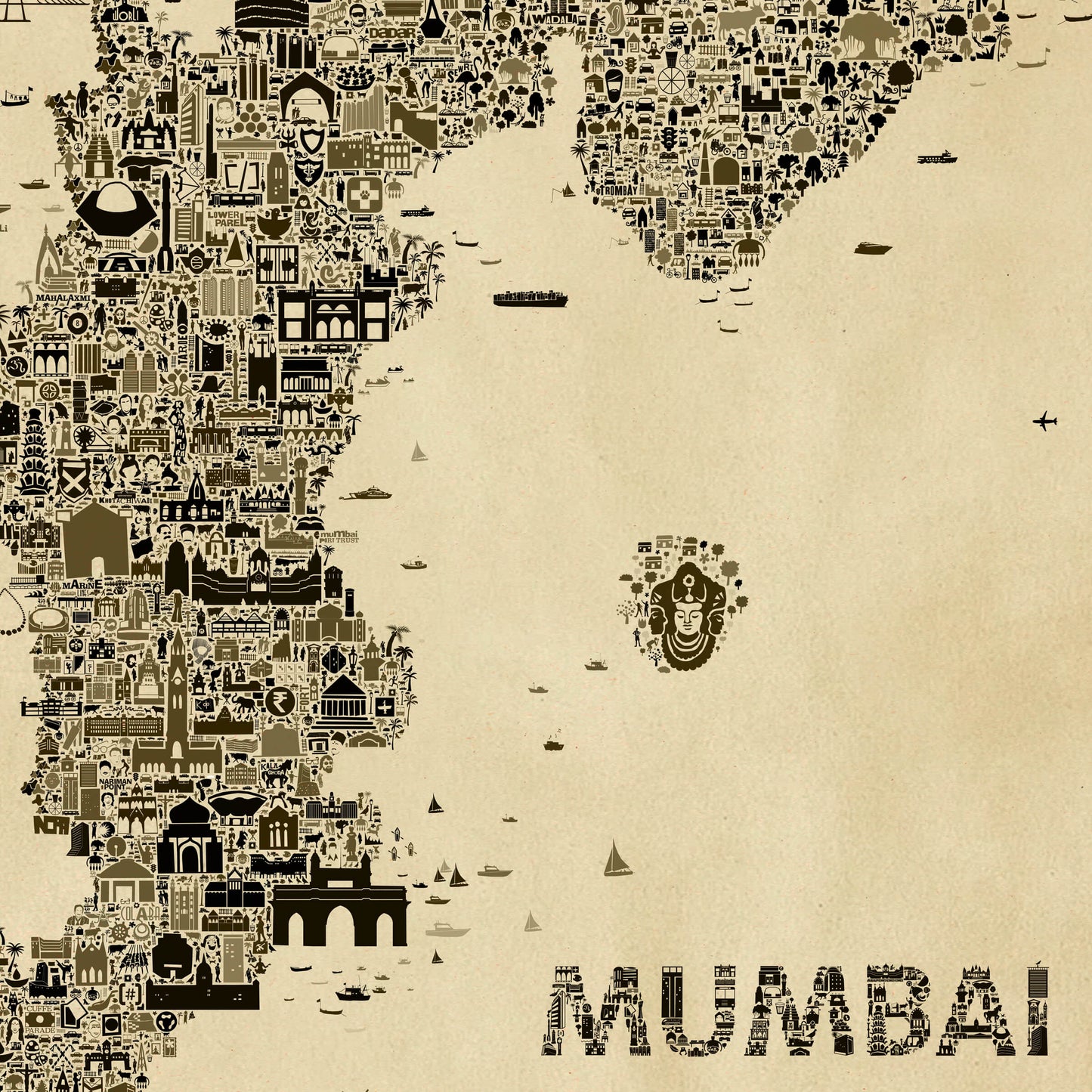 Close-up of Mumbai antique map poster showing detailed icons forming typography and city landmarks