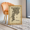Mumbai antique map poster leaning on floor beside modern chair in relaxed interior styling