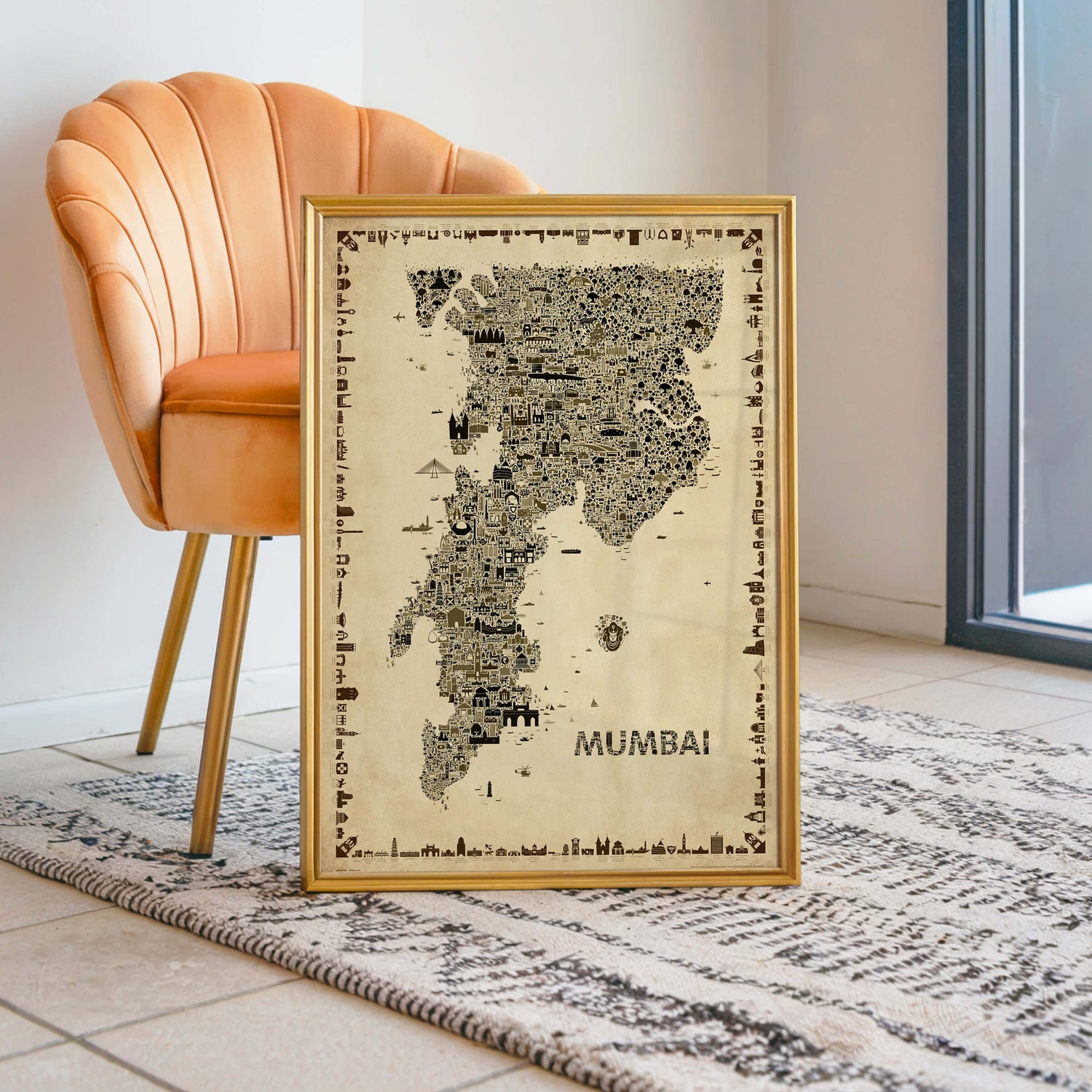 Mumbai antique map poster leaning on floor beside modern chair in relaxed interior styling