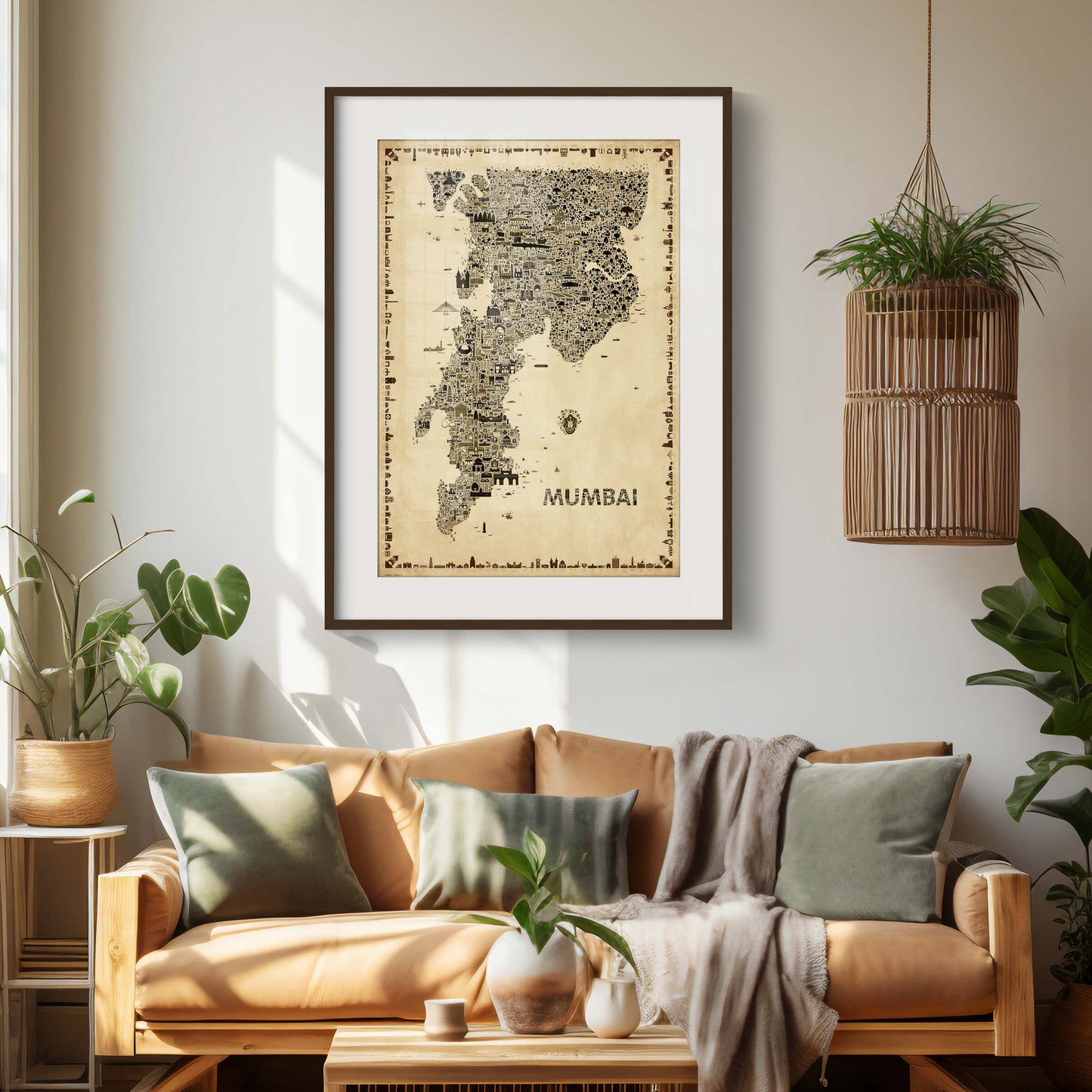 Mumbai antique map poster framed above sofa in modern living room with plants and soft textures