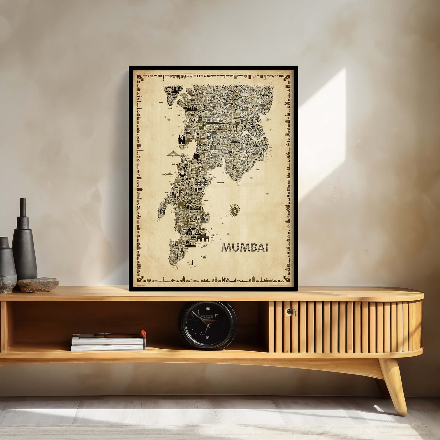 Mumbai antique map poster framed above mid-century credenza with warm modern home decor styling