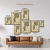 Mumbai Antique illustrated map poster size guide showing seven framed print sizes from 12 x 18 to 30 x 40 inches above a brown leather sofa.