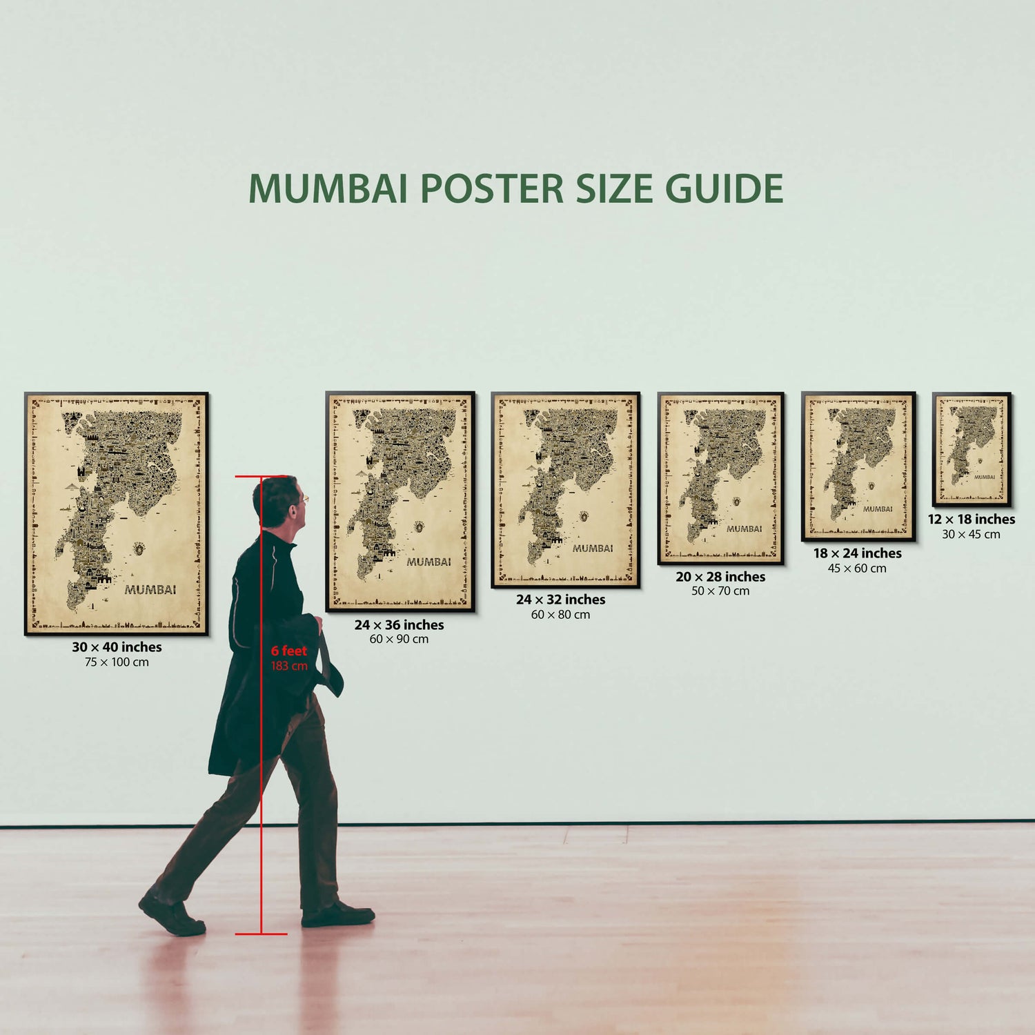 Mumbai antique map poster size guide showing wall art scale from small to large framed prints