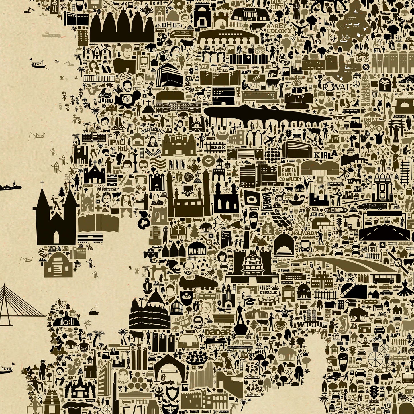 Detailed close-up of Mumbai antique map showing dense illustrated icons of neighborhoods and landmarks