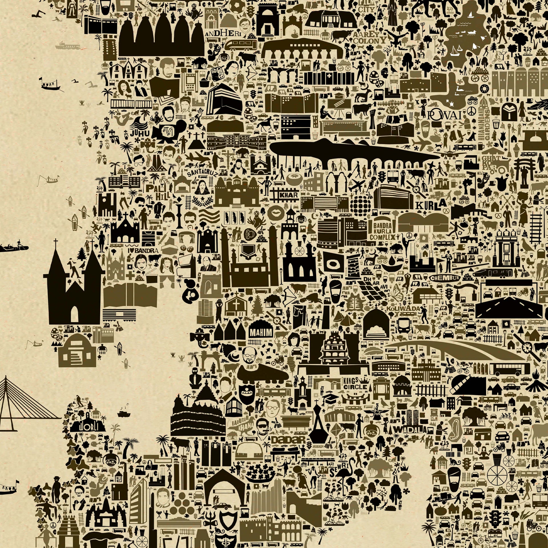 Detailed close-up of Mumbai antique map showing dense illustrated icons of neighborhoods and landmarks