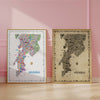 Side by side comparison of colorful and antique Mumbai map posters showing two artistic styles