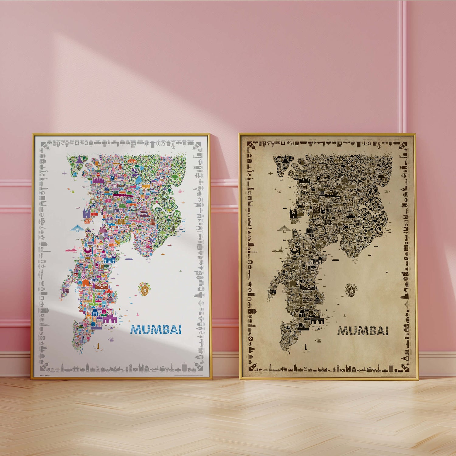 Side by side comparison of colorful and antique Mumbai map posters showing two artistic styles
