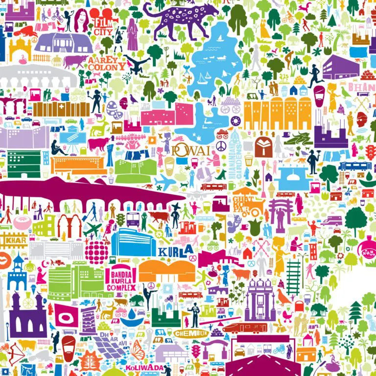 Close-up of colorful Mumbai city map art print highlighting Bandra Kurla Complex, Powai, and Film City — vibrant wall art design by Alfalfa New York.