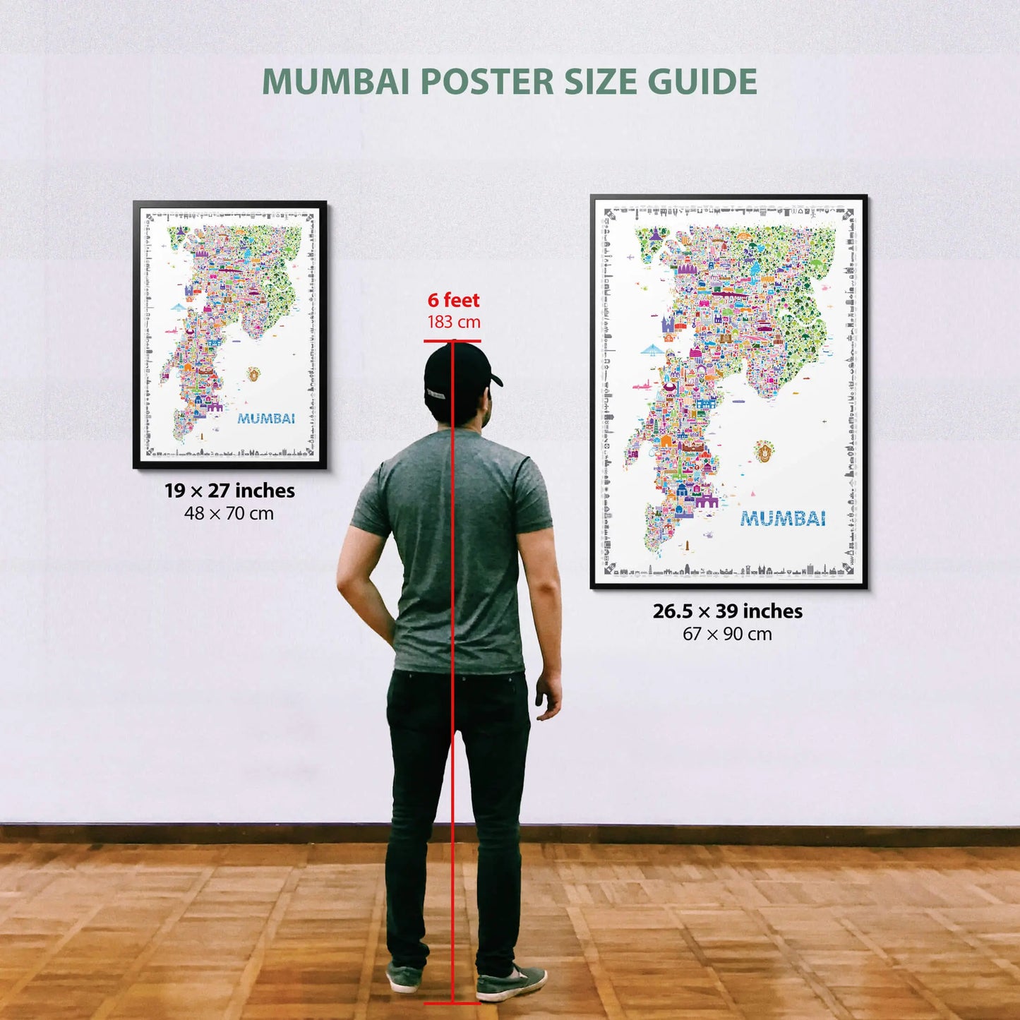Person comparing two sizes of Mumbai posters on a wall with measurements.