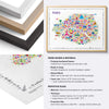 Framed colorful map of Paris with frame design and materials information.