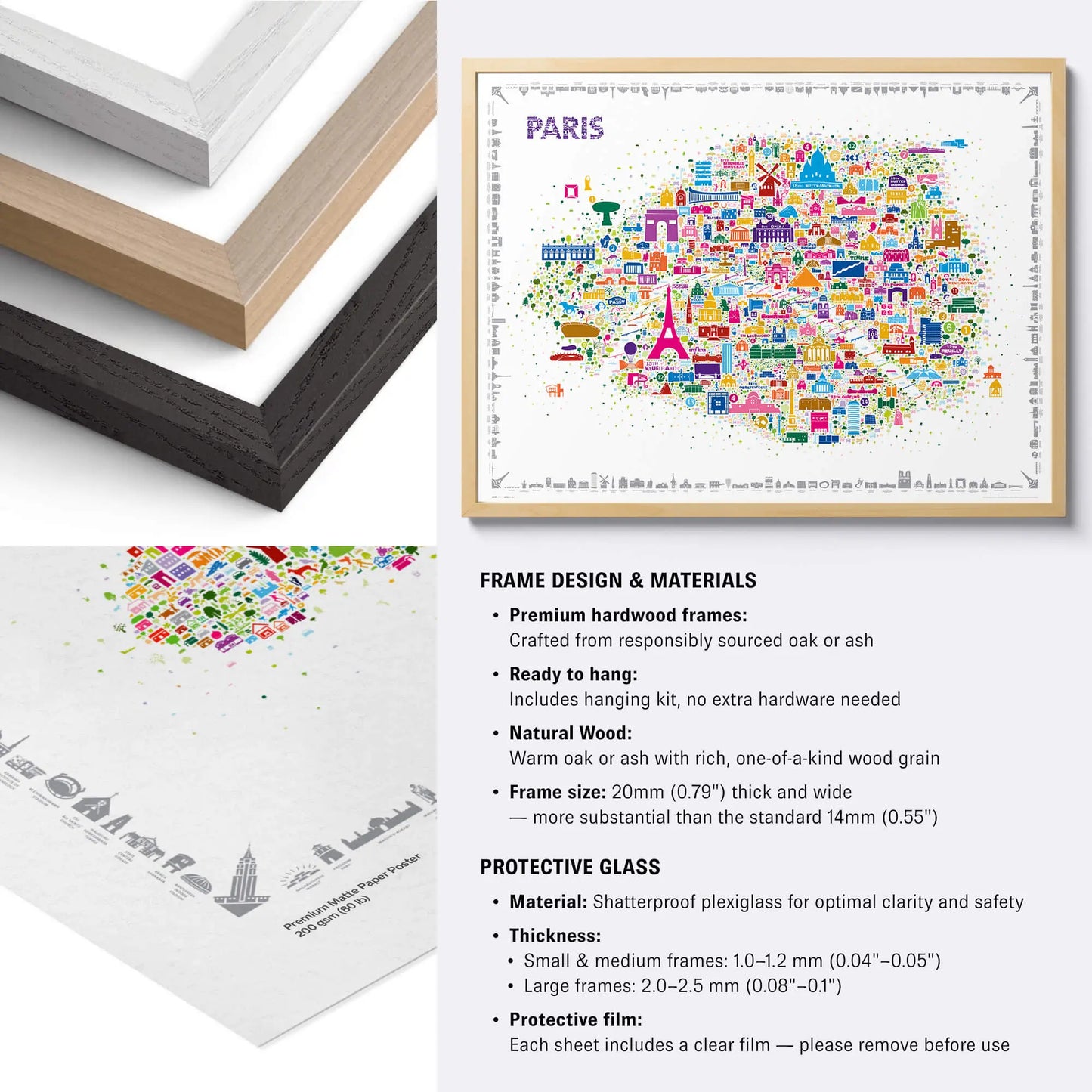 Framed colorful map of Paris with frame design and materials information.