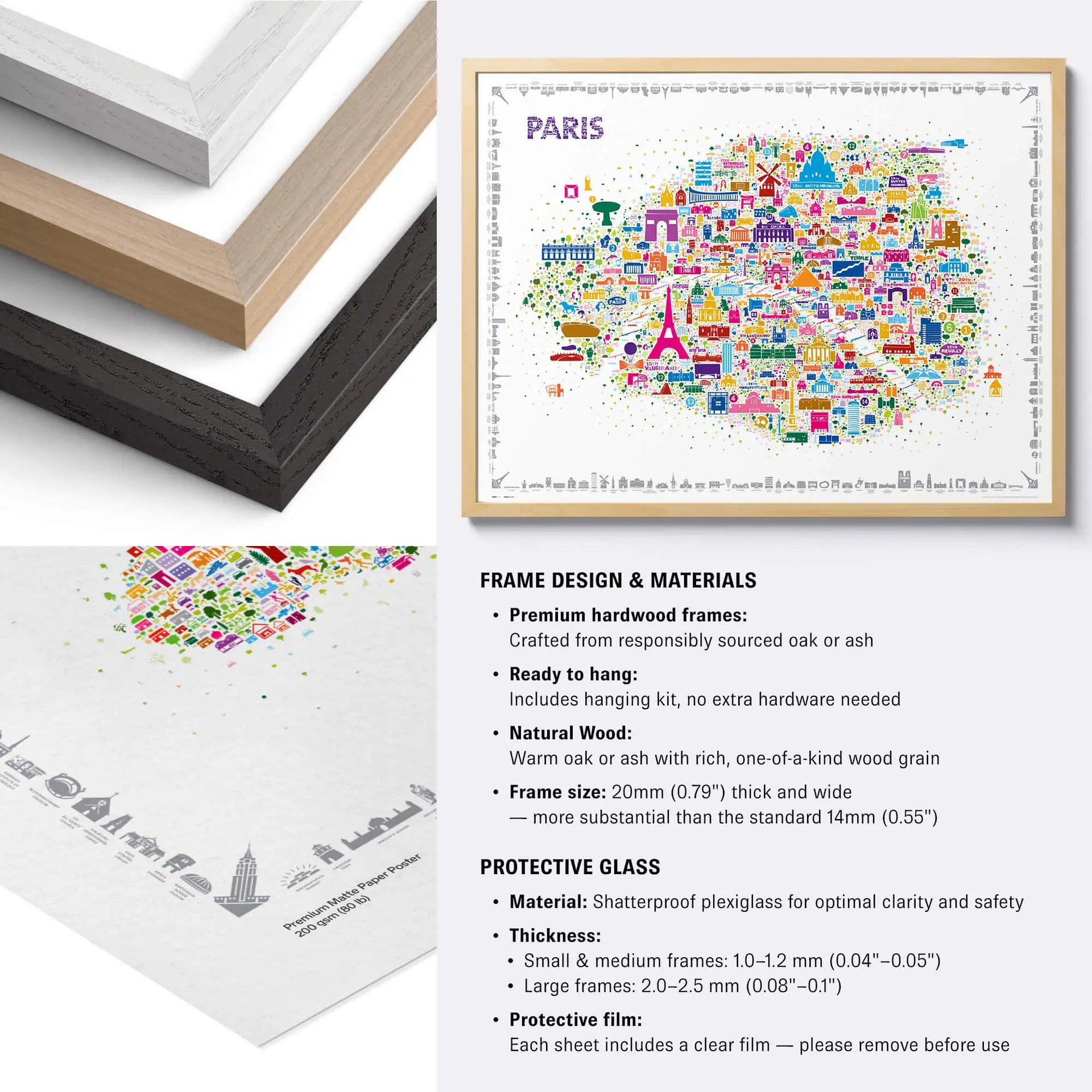 Framed colorful map of Paris with frame design and materials information.