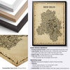 New Delhi Antique illustrated city map poster with black, natural and white hardwood frame options, premium matte paper and framing specifications.