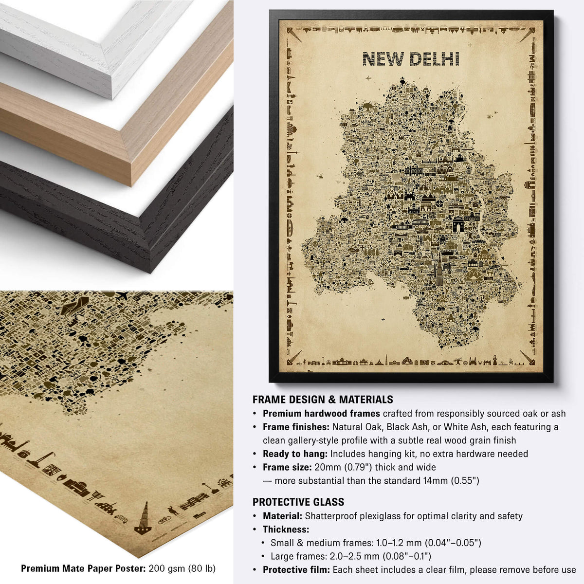 New Delhi Antique illustrated city map poster with black, natural and white hardwood frame options, premium matte paper and framing specifications.