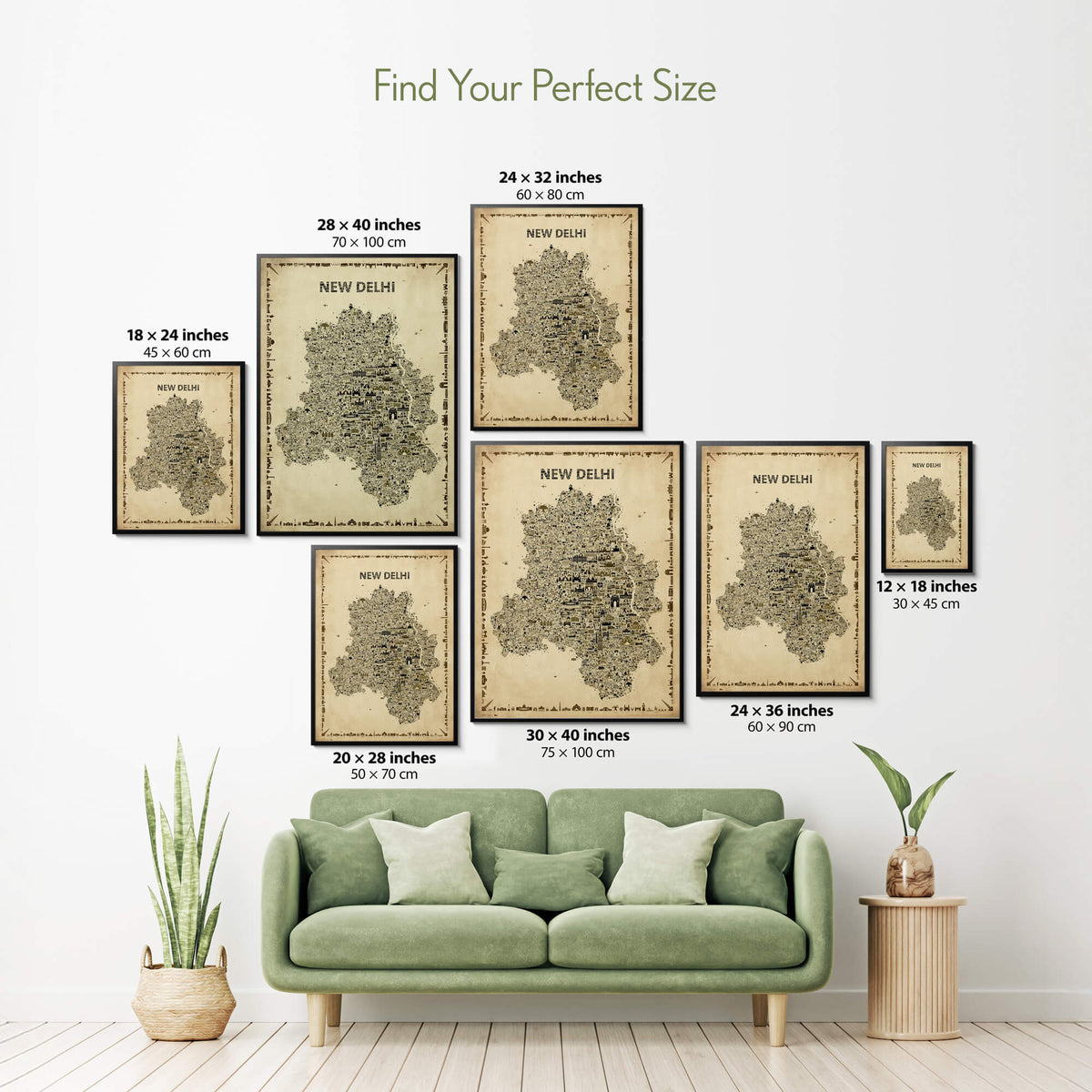New Delhi Antique illustrated map poster size guide showing seven framed print sizes from 12 x 18 to 30 x 40 inches above a green sofa.
