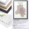 Colorful New Delhi illustrated map poster with black, natural and white hardwood frame options, premium matte paper and framing specifications.