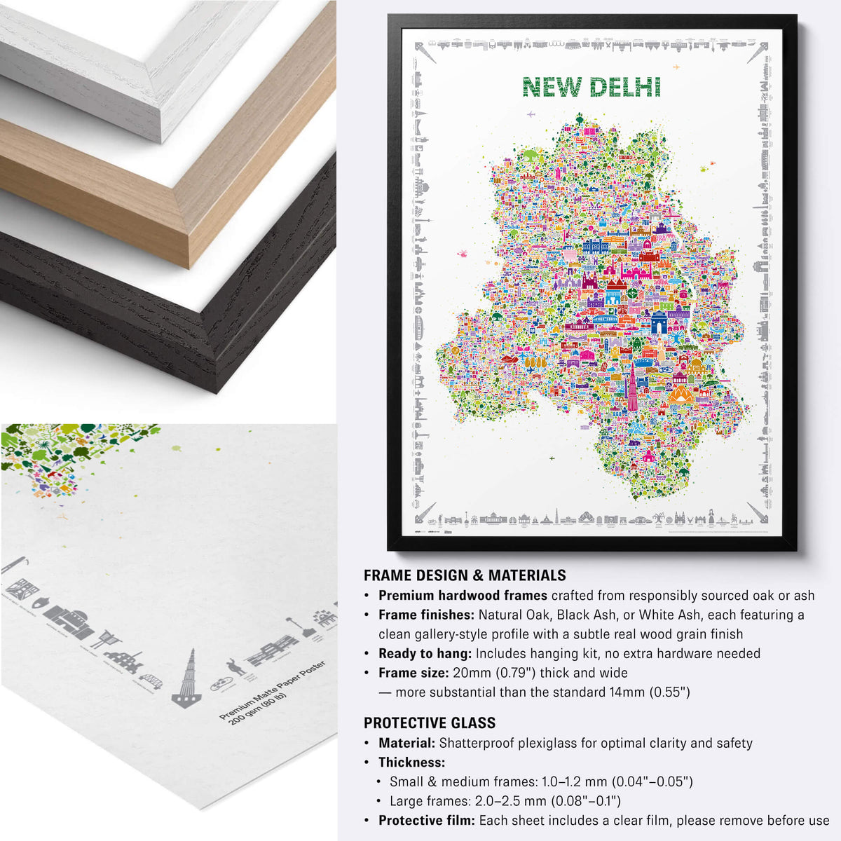 Colorful New Delhi illustrated map poster with black, natural and white hardwood frame options, premium matte paper and framing specifications.